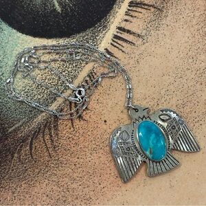 Vintage Sterling Silver Stamped Thunderbird Necklace Turquoise Stone Signed
